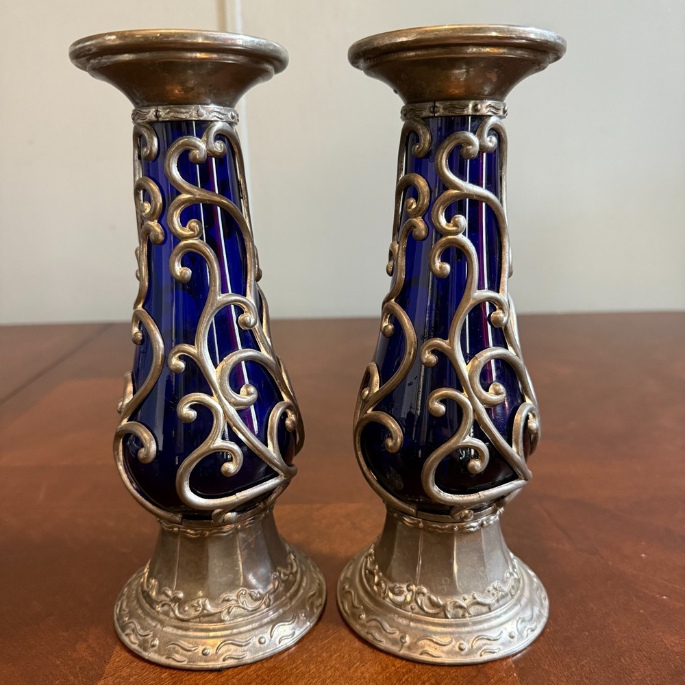 Vtg Cobalt Blue Glass Cased Vine Scroll Metal Pillar Candle Holder Set 2 Read
